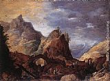 Mountain Canvas Paintings - Mountain Scene with Bridges